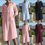Načíst obrázek do prohlížeče Galerie, Kulatý výstřih Button Pocket bavlněné plátno Mid-Sleeve jednobarevné šaty
